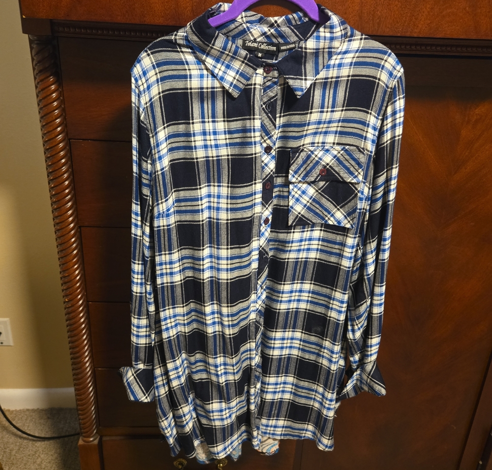 Tolani Navy and Cream Plaid Blouse